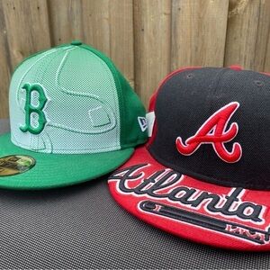 LOT OF 2 Vintage Embroidered MLB Boston Red Sox Atlanta Baseball Cap Hat New Era